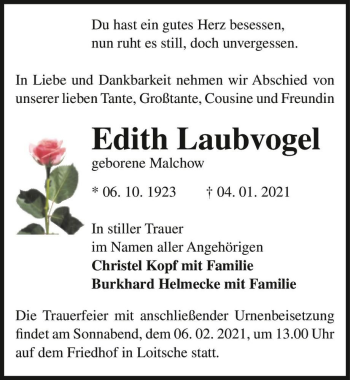 Traueranzeige von Edith Laubvogel (geb. Malchow)  von Magdeburger Volksstimme