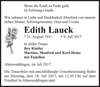 Traueranzeige von Edith Lauck  von Magdeburger Volksstimme