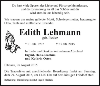 Traueranzeige von Edith Lehmann (geb. Pickler)  von Magdeburger Volksstimme