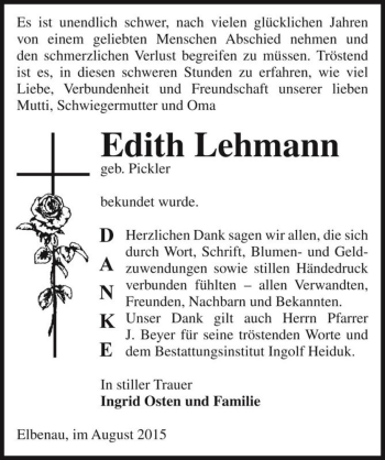 Traueranzeige von Edith Lehmann (geb. Pickler)  von Magdeburger Volksstimme
