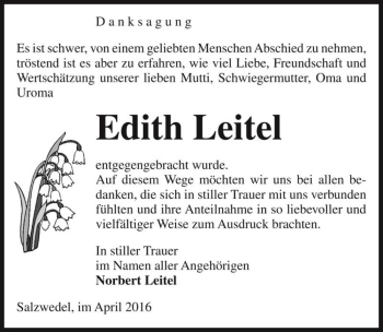 Traueranzeige von Edith Leitel  von Magdeburger Volksstimme