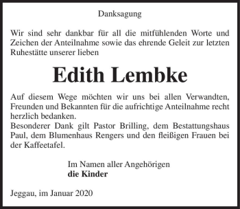 Traueranzeige von Edith Lembke  von Magdeburger Volksstimme
