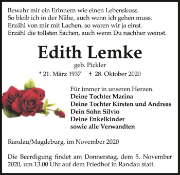 Traueranzeige von Edith Lemke (geb. Pickler)  von Magdeburger Volksstimme