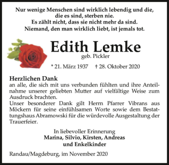 Traueranzeige von Edith Lemke (geb. Pickler)  von Magdeburger Volksstimme