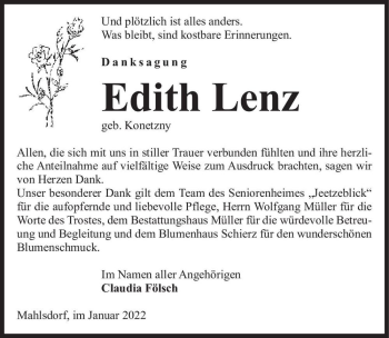 Traueranzeige von Edith Lenz (geb. Konetzny)  von Magdeburger Volksstimme