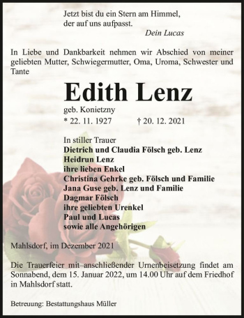 Traueranzeige von Edith Lenz (geb. Konietzny)  von Magdeburger Volksstimme