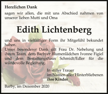 Traueranzeige von Edith Lichtenberg  von Magdeburger Volksstimme