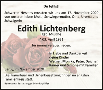 Traueranzeige von Edith Lichtenberg (geb. Musche)  von Magdeburger Volksstimme