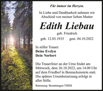 Traueranzeige von Edith Liebau (geb. Friedrich)  von Magdeburger Volksstimme