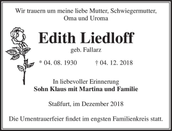 Traueranzeige von Edith Liedloff (geb. Fallarz)  von Magdeburger Volksstimme