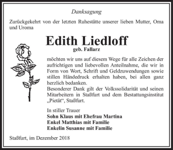 Traueranzeige von Edith Liedloff (geb. Fallarz)  von Magdeburger Volksstimme