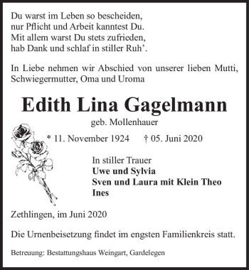 Traueranzeige von Edith Lina Gagelmann (geb. Mollenhauer)  von Magdeburger Volksstimme