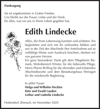 Traueranzeige von Edith Lindecke  von Magdeburger Volksstimme