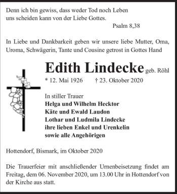 Traueranzeige von Edith Lindecke (geb. Röhl)  von Magdeburger Volksstimme