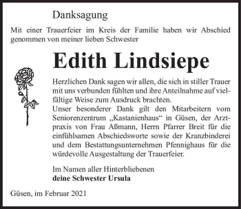 Traueranzeige von Edith Lindsiepe  von Magdeburger Volksstimme