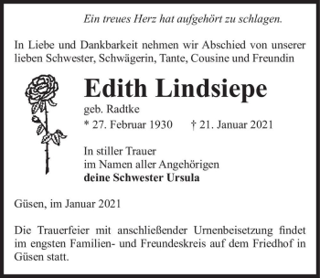 Traueranzeige von Edith Lindsiepe (geb. Radtke)  von Magdeburger Volksstimme