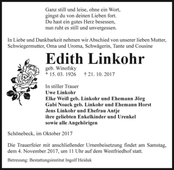 Traueranzeige von Edith Linkohr (geb. Winofsky)  von Magdeburger Volksstimme