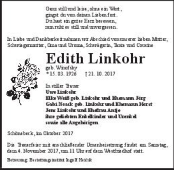 Traueranzeige von Edith Linkohr (geb. Winofsky)  von Magdeburger Volksstimme