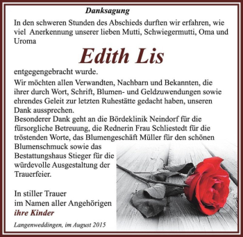 Traueranzeige von Edith Lis  von Magdeburger Volksstimme