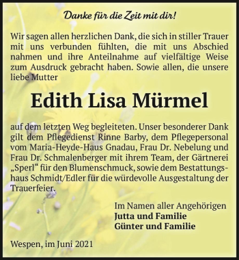 Traueranzeige von Edith Lisa Mürmel  von Magdeburger Volksstimme