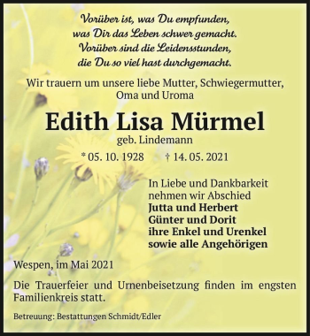 Traueranzeige von Edith Lisa Mürmel (geb. Lindemann)  von Magdeburger Volksstimme