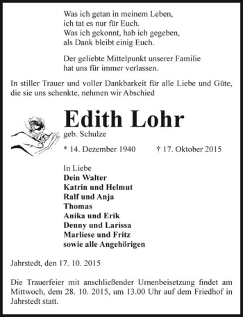 Traueranzeige von Edith Lohr (geb. Schulze)  von Magdeburger Volksstimme