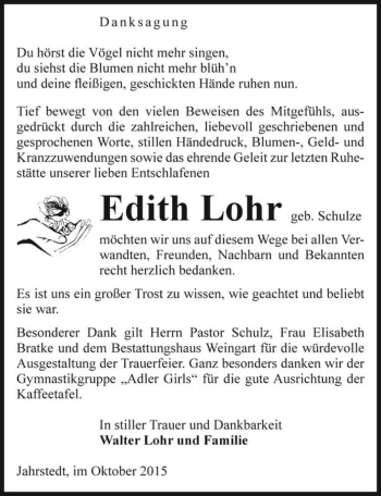 Traueranzeige von Edith Lohr (geb. Schulze)  von Magdeburger Volksstimme