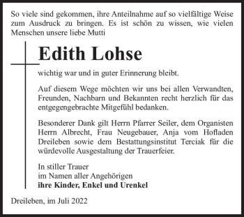 Traueranzeige von Edith Lohse  von Magdeburger Volksstimme