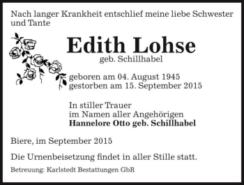 Traueranzeige von Edith Lohse (geb. Schillhabel)  von Magdeburger Volksstimme