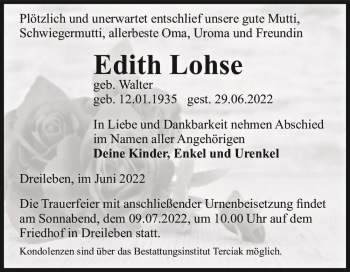 Traueranzeige von Edith Lohse (geb. Walter)  von Magdeburger Volksstimme
