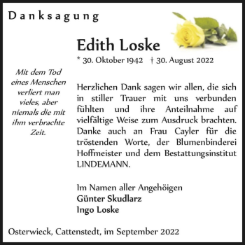 Traueranzeige von Edith Loske  von Magdeburger Volksstimme