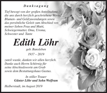 Traueranzeige von Edith Löhr (geb. Bansleben)  von Magdeburger Volksstimme