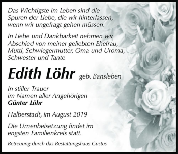 Traueranzeige von Edith Löhr (geb. Bansleben)  von Magdeburger Volksstimme