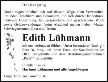 Traueranzeige von Edith Lühmann  von Magdeburger Volksstimme