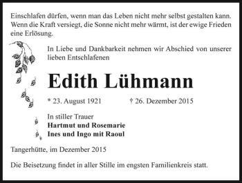 Traueranzeige von Edith Lühmann  von Magdeburger Volksstimme