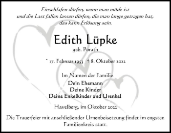Traueranzeige von Edith Lüpke (geb. Porath)  von Magdeburger Volksstimme