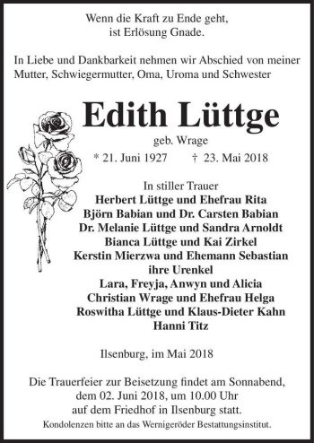 Traueranzeige von Edith Lüttge (geb. Wrage)  von Magdeburger Volksstimme