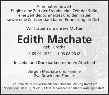 Traueranzeige von Edith Machate (geb. Grothe)  von Magdeburger Volksstimme