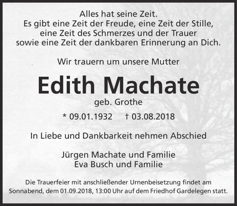  Traueranzeige für Edith Machate (geb. Grothe)  vom 25.08.2018 aus Magdeburger Volksstimme