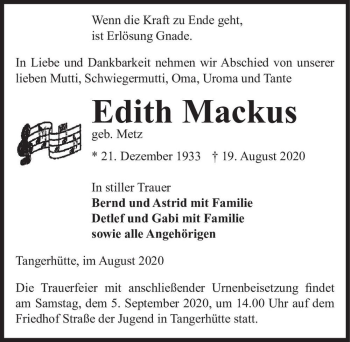 Traueranzeige von Edith Mackus (geb. Merz)  von Magdeburger Volksstimme