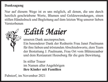 Traueranzeige von Edith Maier  von Magdeburger Volksstimme