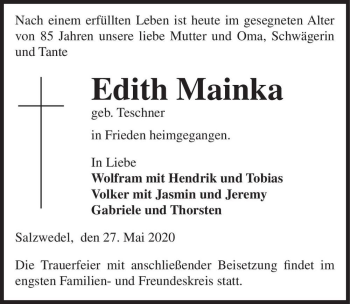 Traueranzeige von Edith Mainka (geb. Teschner)  von Magdeburger Volksstimme