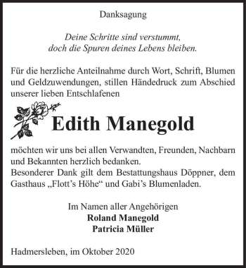 Traueranzeige von Edith Manegold  von Magdeburger Volksstimme