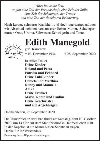 Traueranzeige von Edith Manegold (geb. Kämerow)  von Magdeburger Volksstimme
