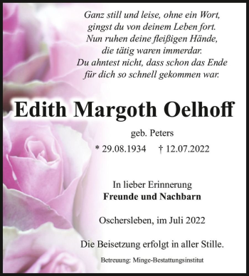 Traueranzeige von Edith Margoth Oelhoff (geb. Peters)  von Magdeburger Volksstimme