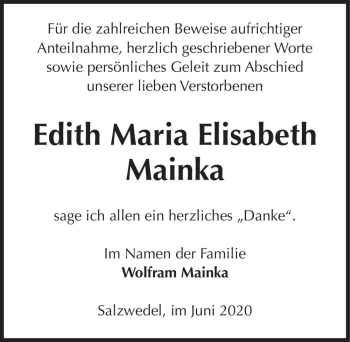 Traueranzeige von Edith Maria Elisabeth Mainka  von Magdeburger Volksstimme