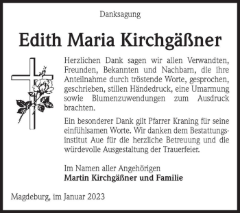 Traueranzeige von Edith Maria Kirchgäßner  von Magdeburger Volksstimme