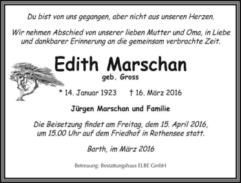 Traueranzeige von Edith Marschan (geb. Gross)  von Magdeburger Volksstimme