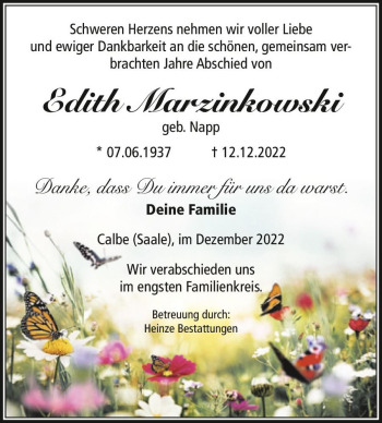 Traueranzeige von Edith Marzinkowski (geb. Napp)  von Magdeburger Volksstimme