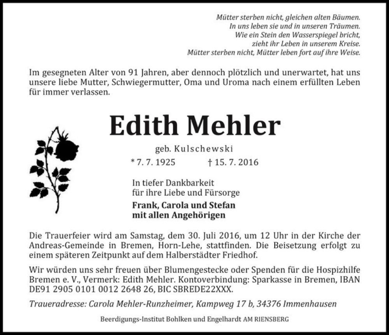  Traueranzeige für Edith Mehler (geb. Kulschewski)  vom 23.07.2016 aus Magdeburger Volksstimme